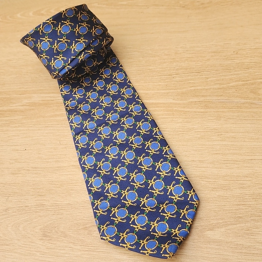 Authentic FENDI Blue and Gold Geometric Pattern 100% Silk Tie